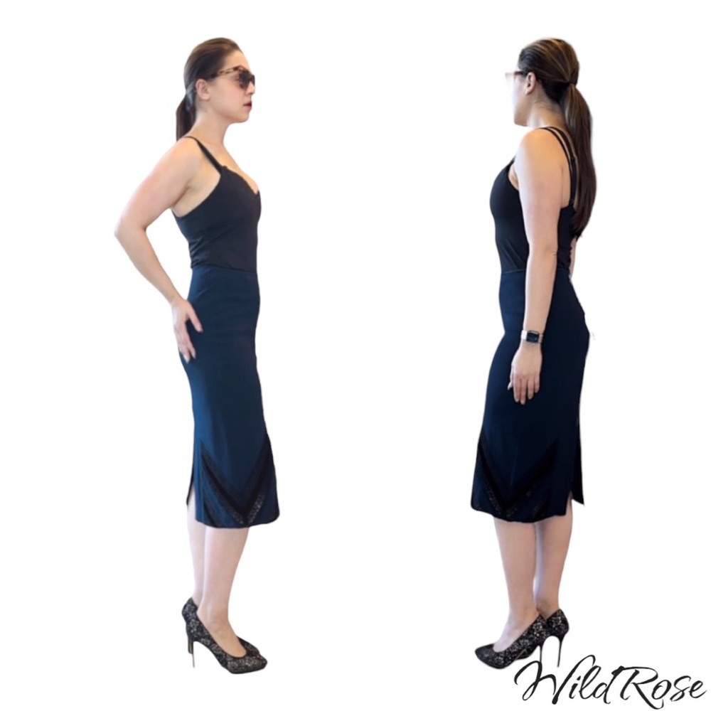 ROLAND MOURET NAVY BLUE BLACK LAC3 & VELVET PENCIL SKIRT SZ US 10 - Picture 7 of 17